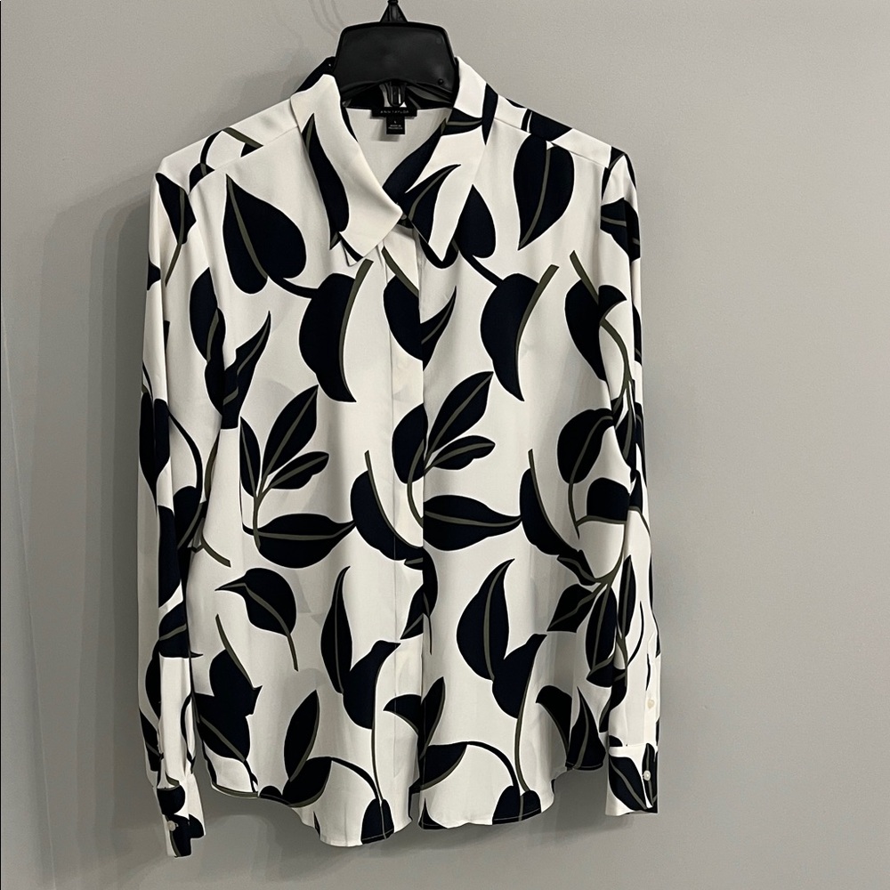 Ann Taylor Navy and Cream Leaf Print Blouse
